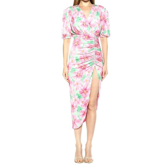 Alexia Admor Midi Dress Fern Floral Ruched Long Sleeve Slit Size XL NWT - Picture 1 of 9